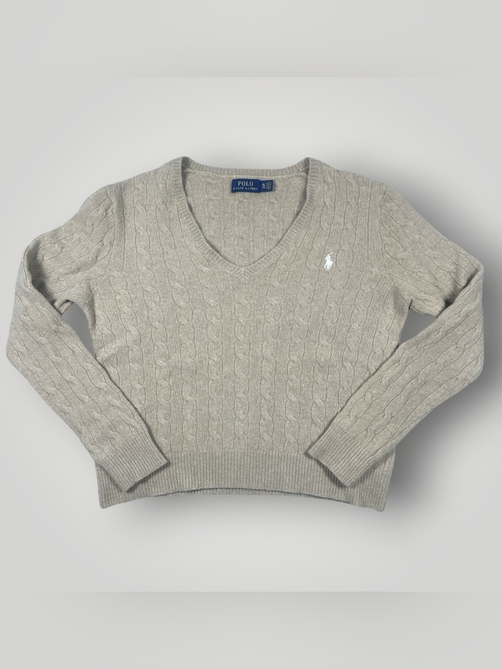 Polo Ralph Lauren Cable Knit Sweater XL Tan Wool Cashmere V Neck Preppy Unisex